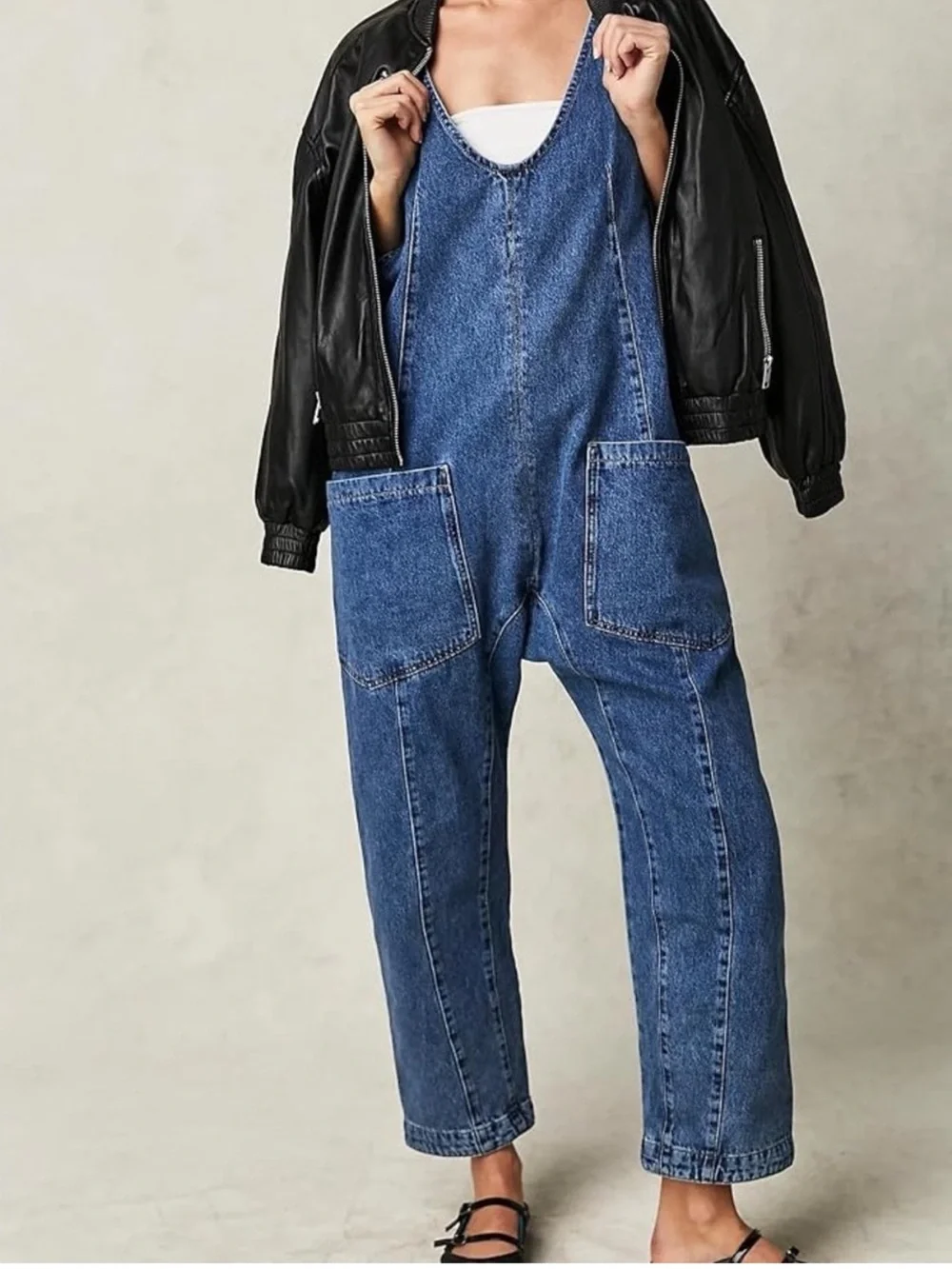 Free People Women's High Roller Jumpsuit Blue Denim Size Medium M